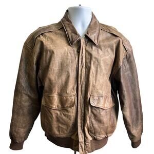 🧥FLUID M Brown Distressed Leather Bomber Flight Jacket Y2K Vintage Moto Layer